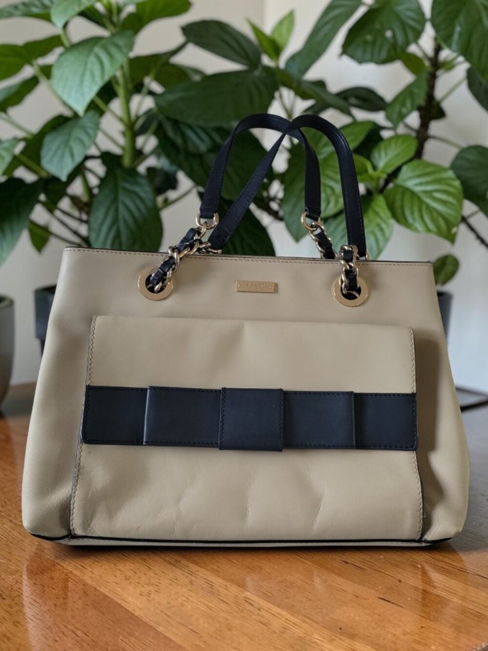 Kate Spade NY Old Money Bow Leather Tote Cream Navy Chain Handle Stripe Lining